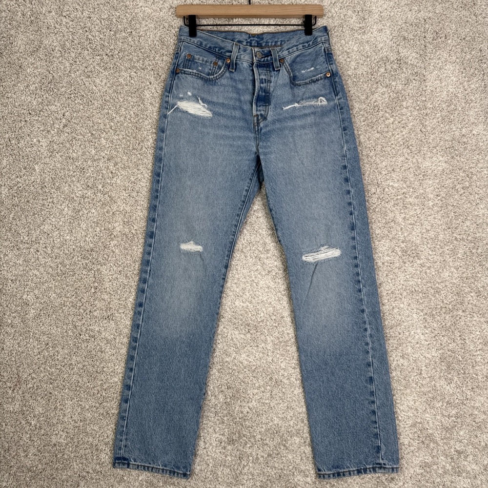 Levi's High Rise Distressed Straight Leg Jeans - Light Blue